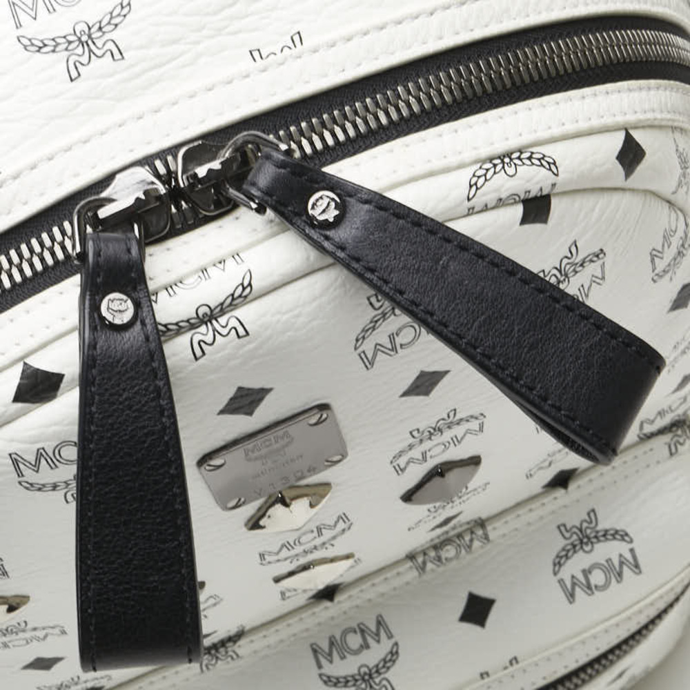 MCM Visetos Logogram Studded Rucksack Backpack White Black Leather - Picture 7 of 11